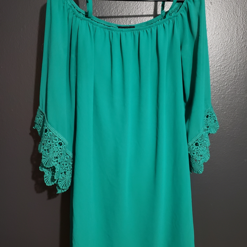 13. Teal Off-Shoulder Dress with Lace Sleeves